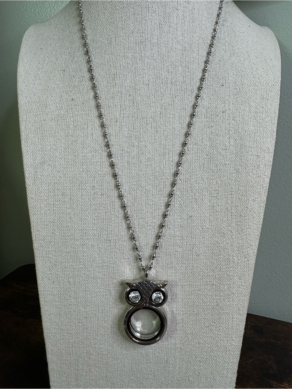 Silver Tone Glass Owl Locket Pendant Necklace